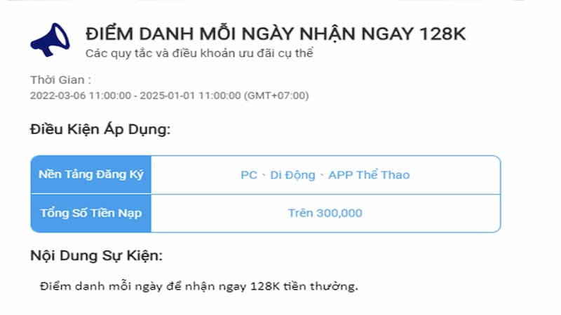 Điều kiện về 8xbet thưởng 128.000 VND mỗi ngày
